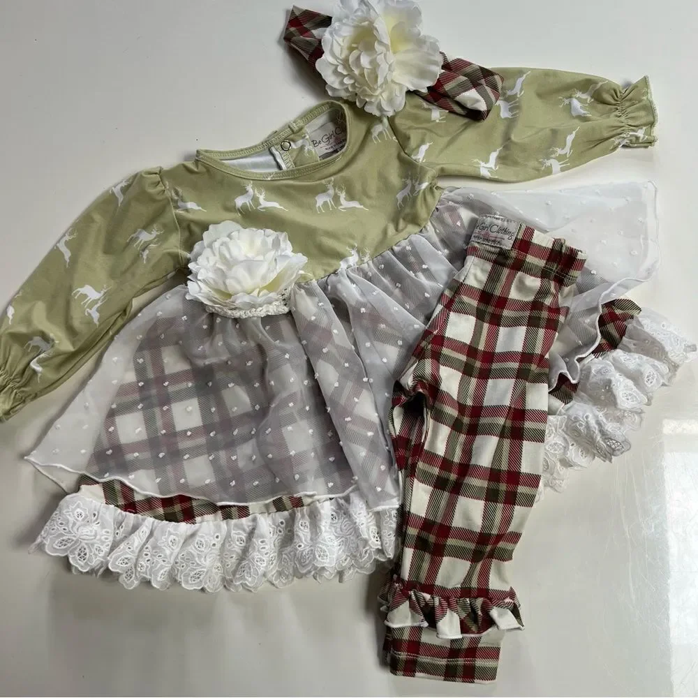 Be Girl Clothing 3 Piece Winter Plaid Bucks Twirl Dress Pants Headband Set